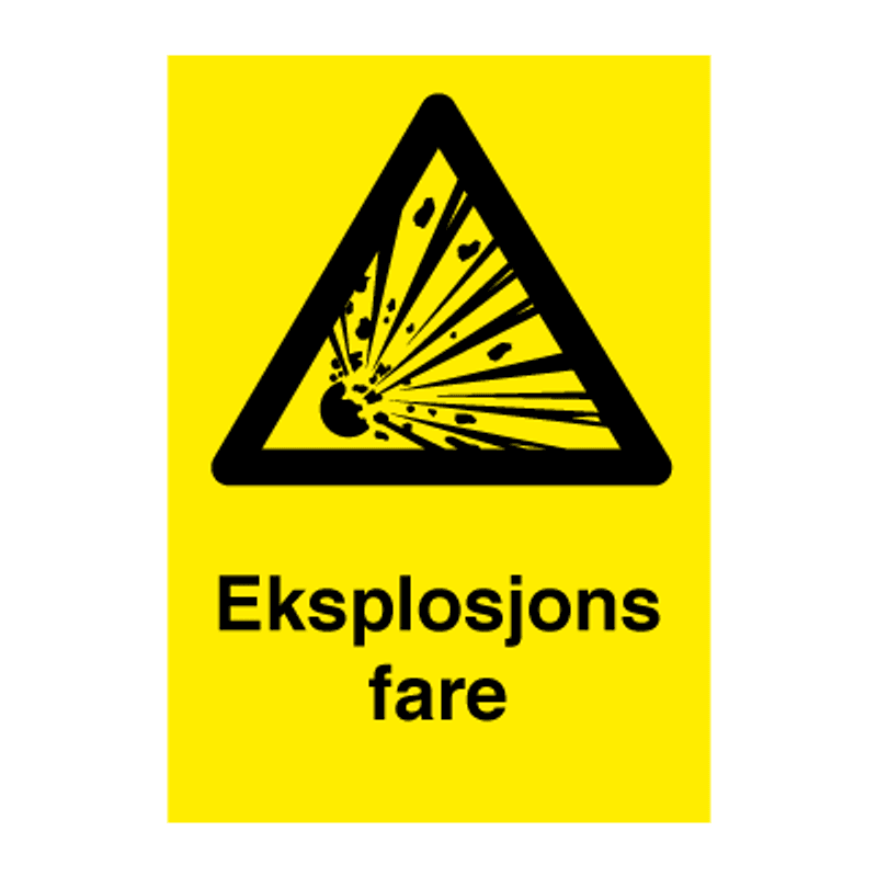 Eksplosjonsfare - fareskilt med symbol og tekst