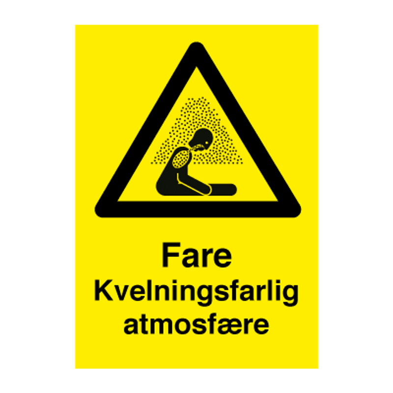 Kvelningsfarlig atmosfære - Fareskilt med symbol og tekst