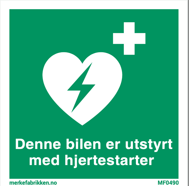 Hjertestarter i bilen - skilt