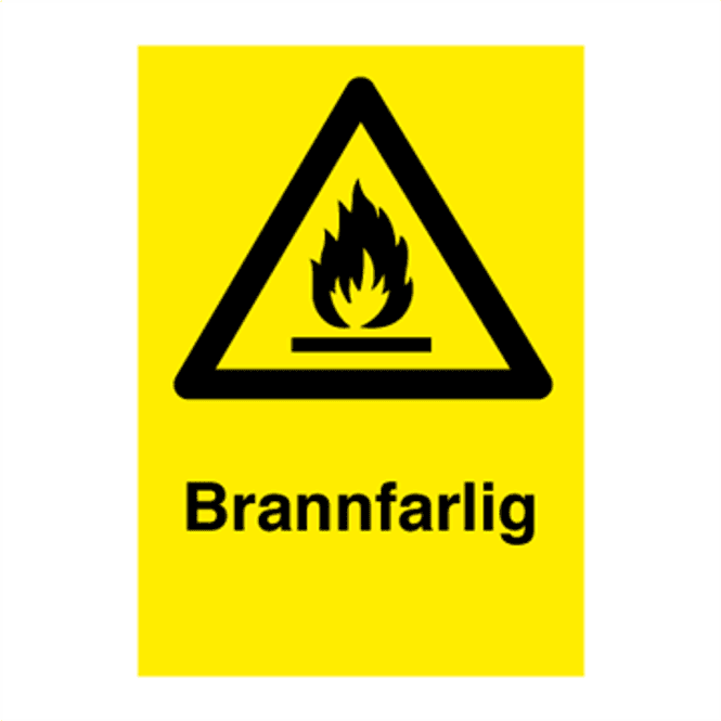 Hovedbilde Brannfarlig - fareskilt med symbol og tekst