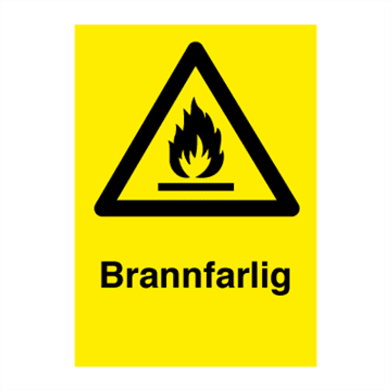 Brannfarlig - fareskilt med symbol og tekst