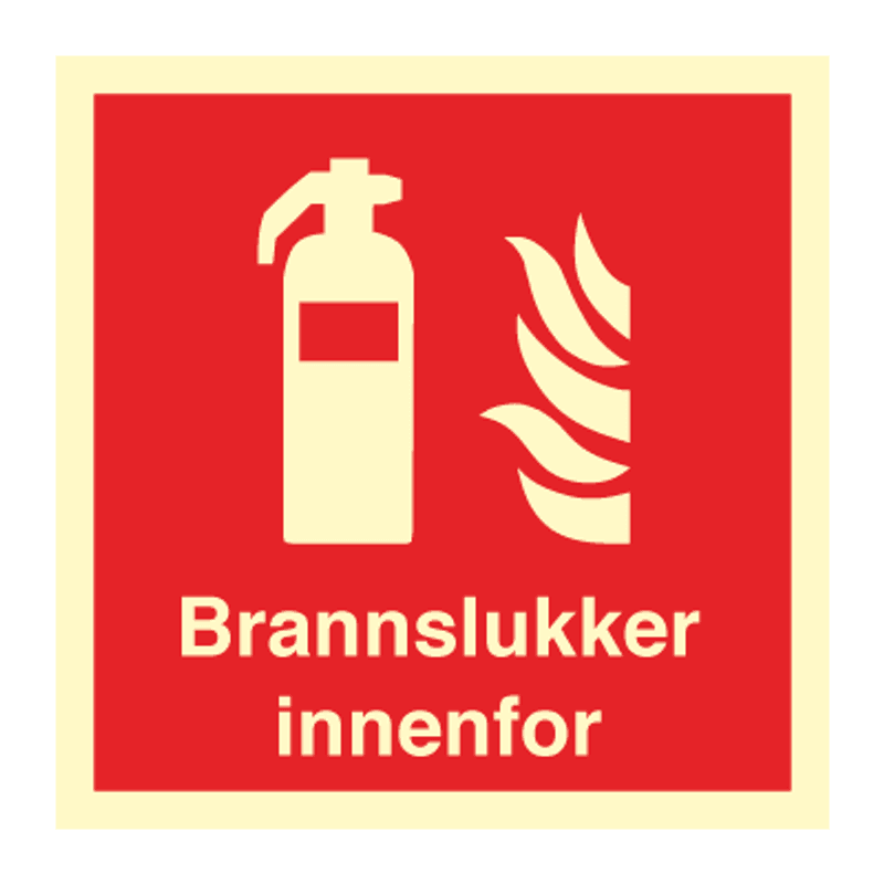 Brannslukker innenfor - brannskilt med symbol og tekst