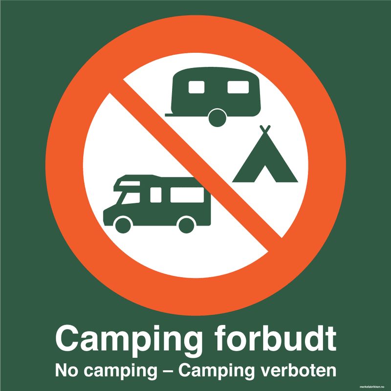 Camping forbudt - skilt med symbol og tekst, grønt