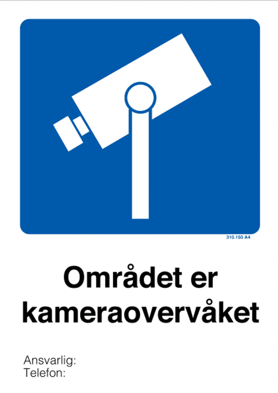 Kameraovervåket område, skilt med symbol og tekst, 420 × 594 mm