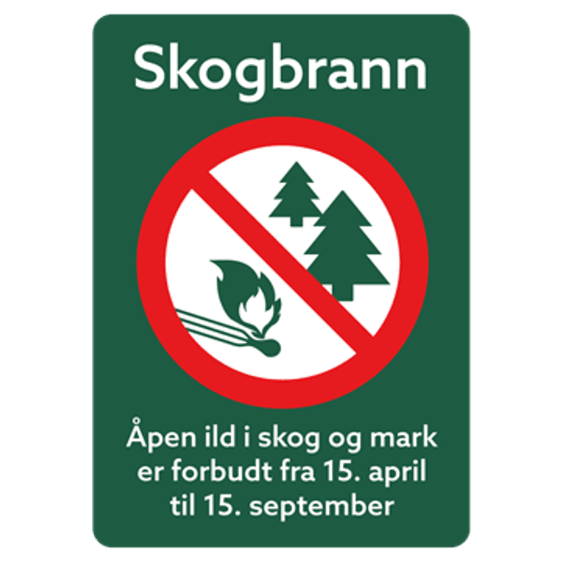Skogbrannfare - skilt med symbol og tekst