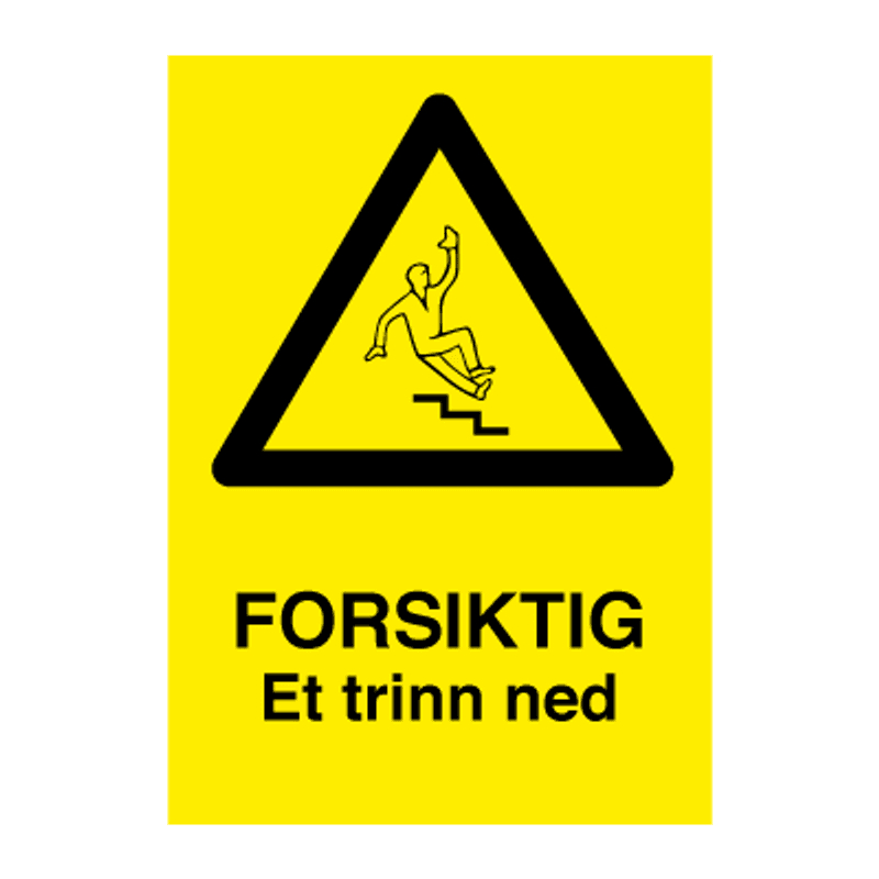 Forsiktig et trinn ned - Fareskilt med symbol og tekst