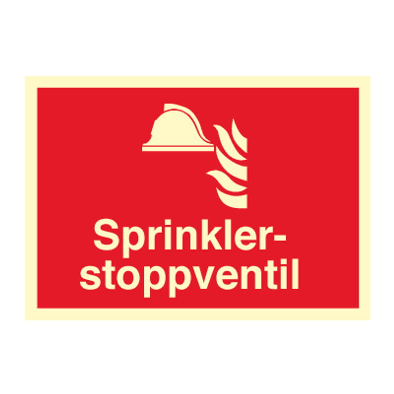 Sprinkler stoppventil - brannskilt med symbol og tekst