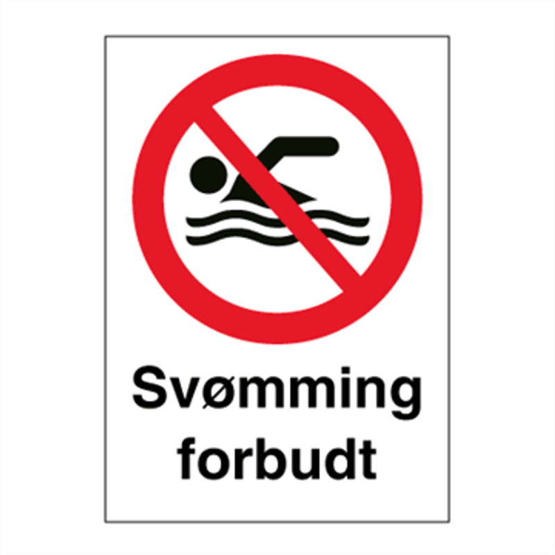 Svømming forbudt - Forbudsskilt med symbol og tekst