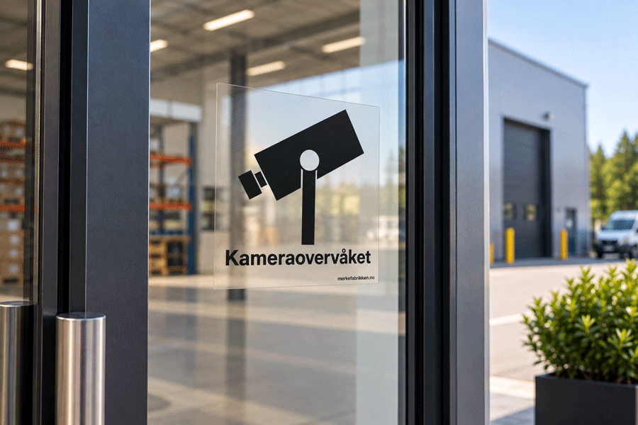 Kameraovervåket område - klistremerke med sort symbol og tekst